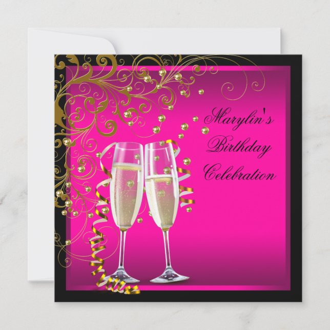 Womans Hot Pink Gold Birthday Party Invitation (Front)