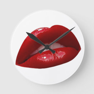 Woman's Luscious Red Lipstick Lips Round Clock