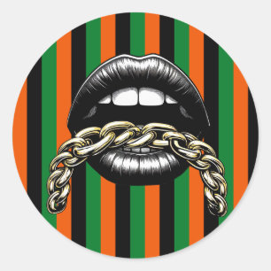 womans mouth lips with gold chain art illustration classic round sticker