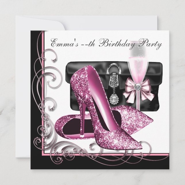 Womans Pink and Black Birthday Party Invitation (Front)