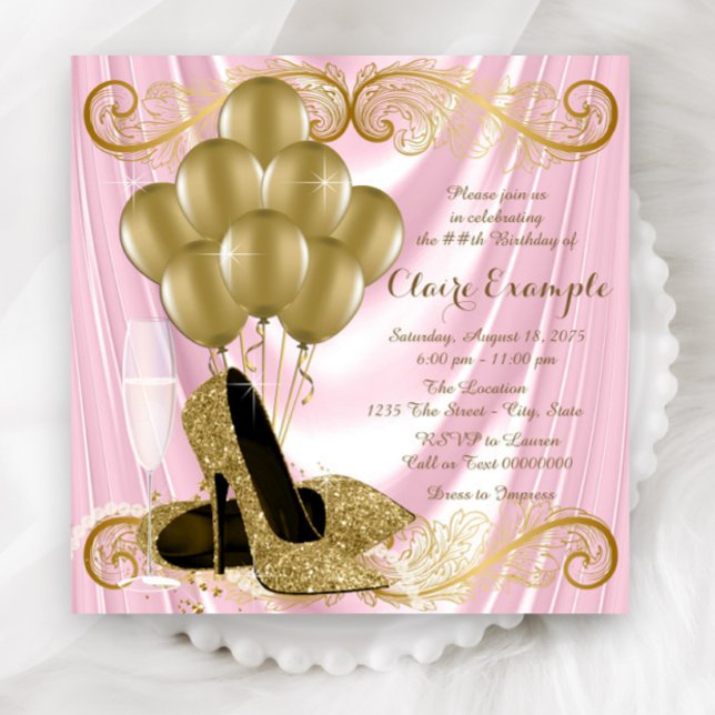 Womans Pink and Gold Birthday Party Glamour Satin Invitation (Elegant pink and gold high heel shoe any number birthday and event invitation. )