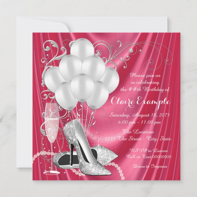 Womans Pink and Silver Birthday Invitation (Front)
