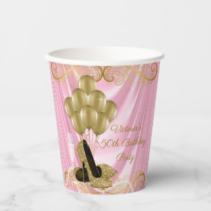 Womans Pink Gold Birthday Party Paper Cups