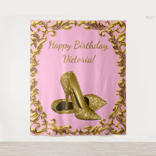 Womans Pink Gold High Heel Birthday XL Backdrop Tapestry