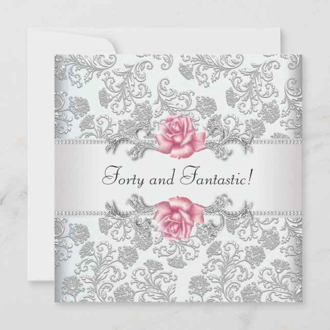 Womans Pink Rose Damask 40th Birthday Party Invitation (Front)