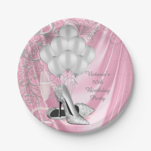 Womans Pink Silver Shoe Birthday Party Paper Plate