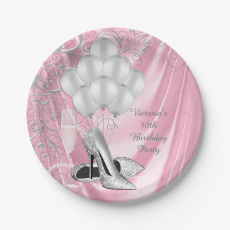 Womans Pink Silver Shoe Birthday Party Paper Plate