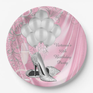 Womans Pink Silver Shoe Birthday Party Paper Plate