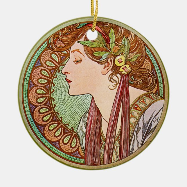 Woman's Profile, Alphonse Mucha Ceramic Tree Decoration (Front)
