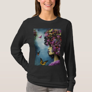 Woman's Profile With Purple Flowers & Butterflies T-Shirt