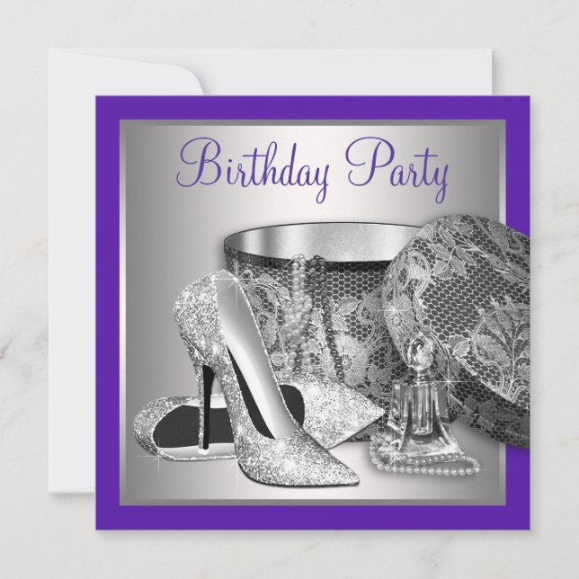 Womans Purple and Silver High Heel Birthday Party Invitation (Front)