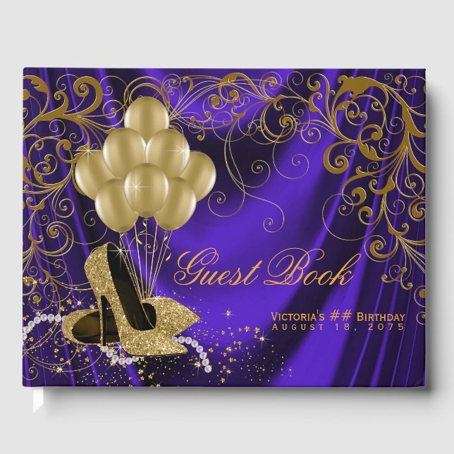 Womans Purple Gold Birthday Guest Book (Front)