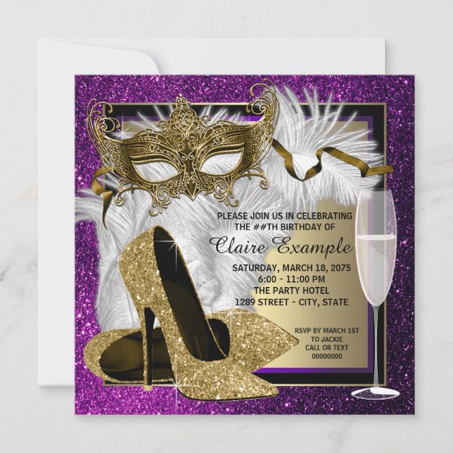 Womans Purple Gold Masquerade Party Invitations (Front)