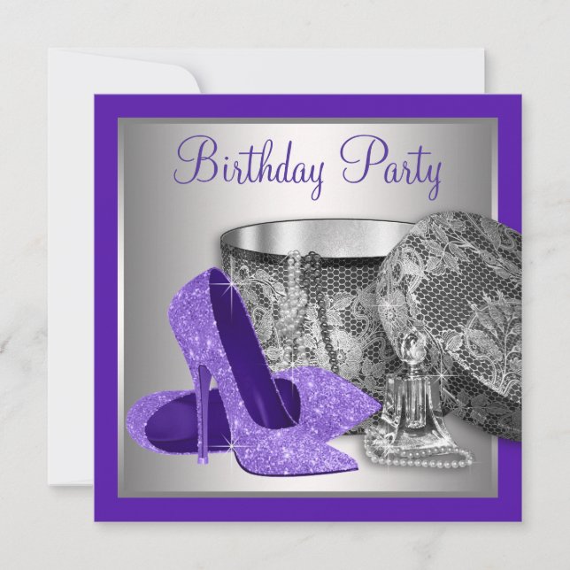 Womans Purple Silver High Heel Birthday Party Invitation (Front)