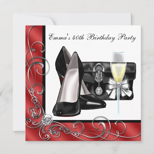 Womans Red 40th Birthday Party Invitations (Front)