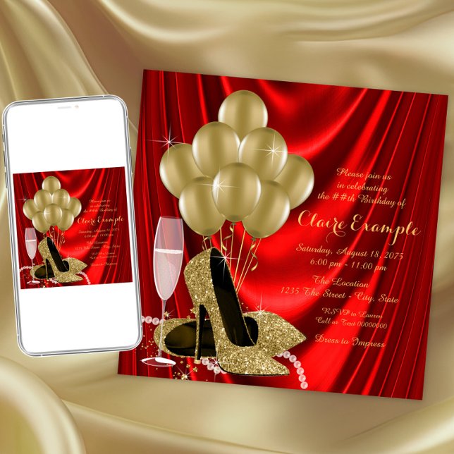 Womans Red and Gold Birthday Party Satin Invitation (Elegant red and gold shoe any event invitation. Instant download and printed invitations available.)