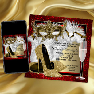 Womans Red and Gold Masquerade Birthday Party Invitation