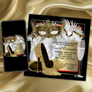 Womans Red and Gold Masquerade Party Invitation