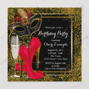 Womans Red Black Gold High Heel Birthday Party Invitation