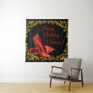 Womans Red Black Gold Shoe Birthday Party Backdrop Tapestry