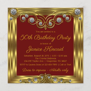 Womans Red Gold Birthday Party Invitation