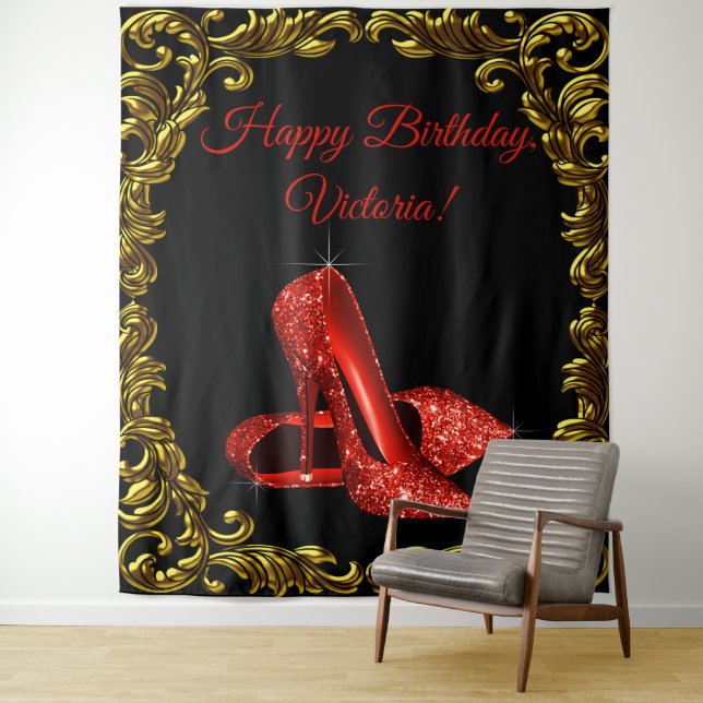Womans Red Shoe Birthday Party L Backdrop Tapestry (In Situ)