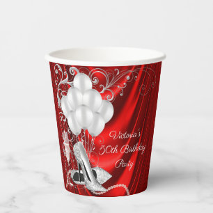 Womans Red Silver Birthday Party Paper Cups