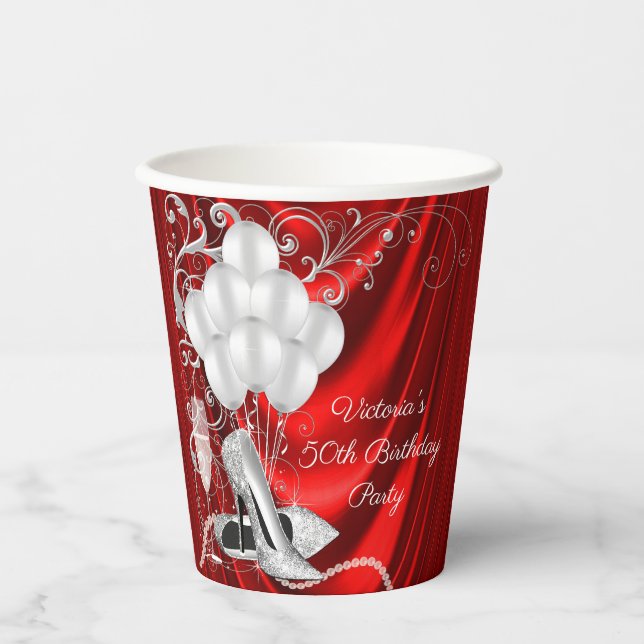Womans Red Silver Birthday Party Paper Cups (Front)
