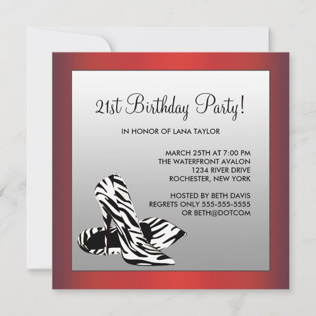 Womans Red Zebra 21st Birthday Party Invitation (Front)