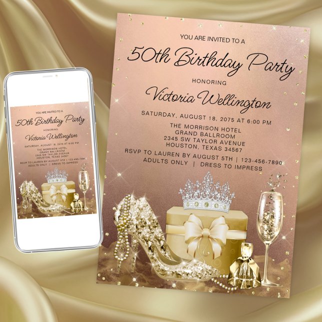 Womans Rose Gold Any Number Birthday Party Invitation (Womans rose gold any number birthday invitation. Instant download and printed invitations available.)