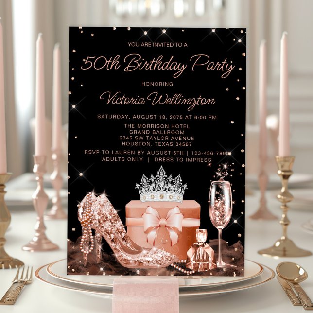 Womans Rose Gold Any Number Birthday Party Invitation (Elegant rose gold any event and birthday invitation. Add your details. Background color can change.)
