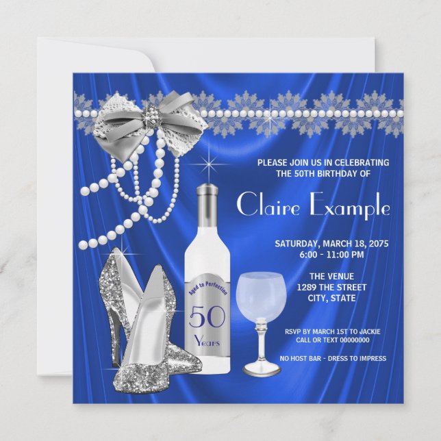 Womans Royal Blue and Silver Aged to Perfection Invitation (Front)