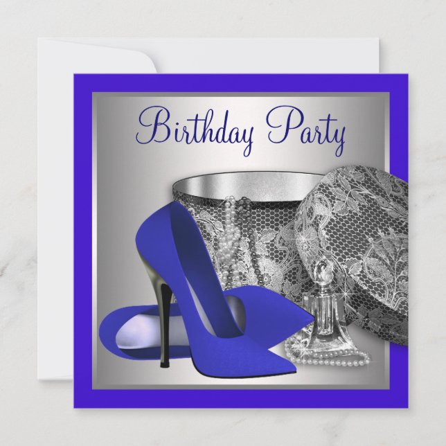 Womans Royal Blue and Silver Birthday Party Invitation (Front)