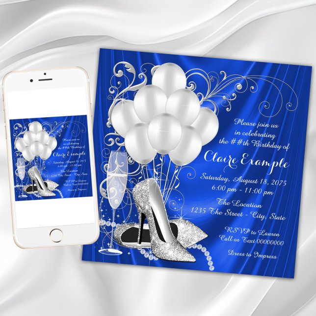 Womans Royal Blue and Silver Birthday Party Invitation (Womans blue and silver birthday party invitation with silver high heels, pearls and balloons.)