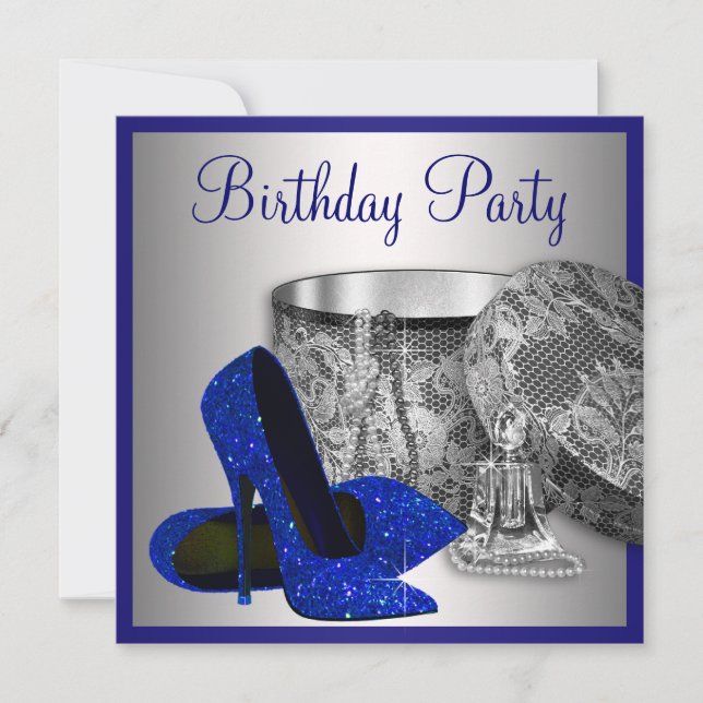 Womans Royal Blue and Silver Birthday Party Invitation (Front)