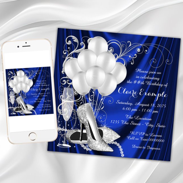 Womans Royal Blue and Silver Birthday Party Luxe Invitation (Womans Royal Blue and Silver Birthday Party Invitation with elegant silver high heel shoes.)