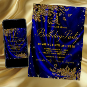 Womans Royal Blue Gold Birthday Party Invitation