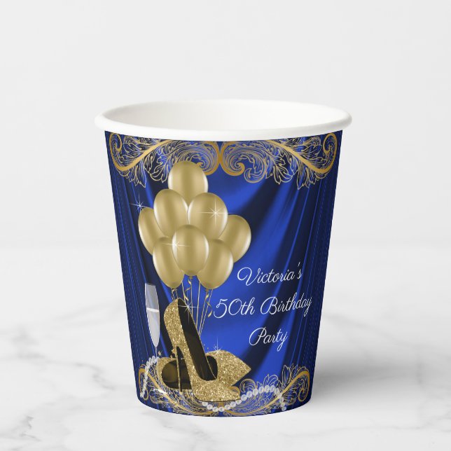 Womans Royal Blue Gold Birthday Party Paper Cups (Front)