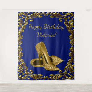 Womans Royal Blue Gold Birthday Party XL Backdrop Tapestry