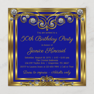 Womans Royal Blue Gold Diamond Birthday Party Invitation