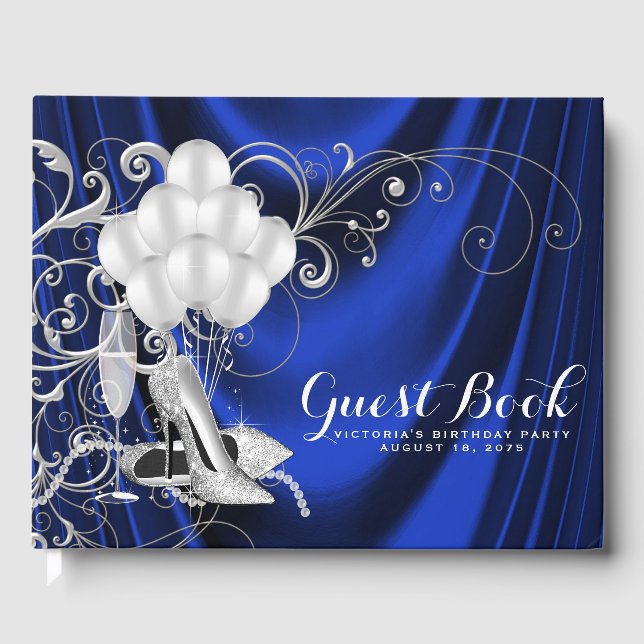 Womans Royal Blue Silver Birthday Party Guest Book (Front)
