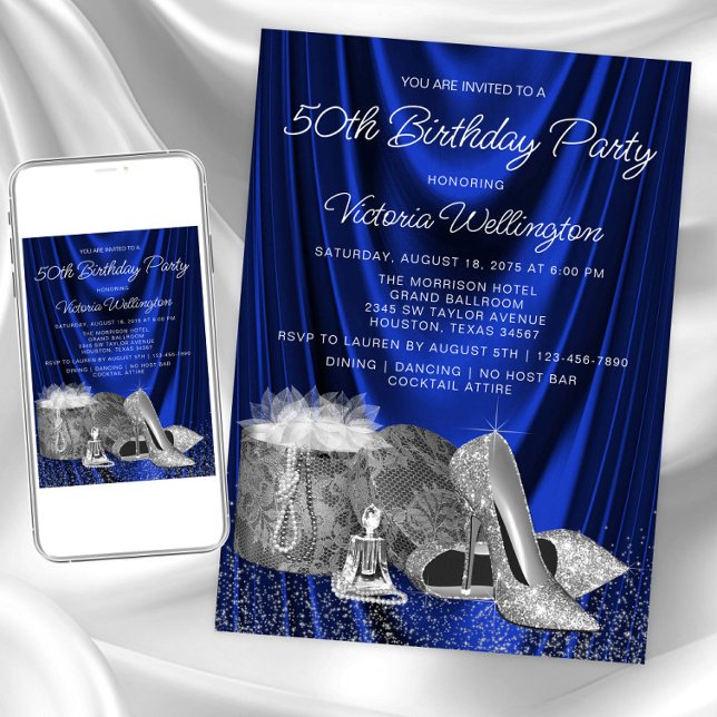 Womans Royal Blue Silver Shoe Any Number Birthday Invitation (Royal blue silver any event invitation. Instant download and printed invitations available.)