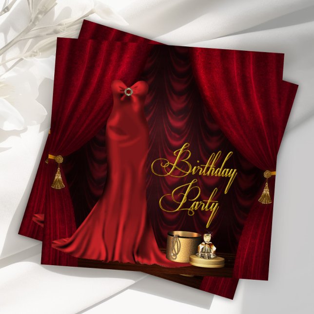 Womans Ruby Red Gold Birthday Party Invitation (Beautiful ruby red and gold woman's any number birthday party invitation.)