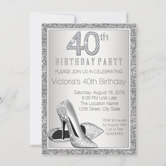 Womans Silver Glitter High Heel Shoe 40th Birthday Invitation (Front)