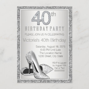 Womans Silver Glitter High Heel Shoe 40th Birthday Invitation