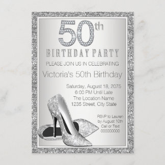 Womans Silver Glitter High Heel Shoe 50th Birthday Invitation