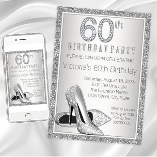 Womans Silver Glitter High Heel Shoe 60th Birthday Invitation