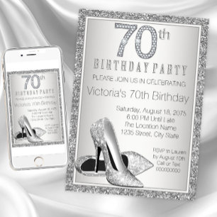 Womans Silver Glitter High Heel Shoe 70th Birthday Invitation