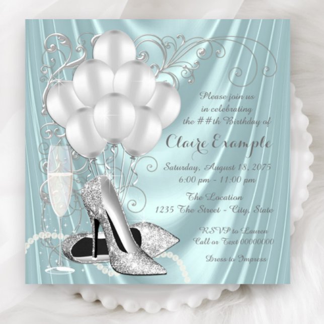 Womans Teal Blue and Silver Birthday Party Luxe Invitation (Elegant teal blue silver shoe any number birthday and event invitation. Simply add your details.)