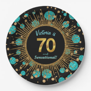 Womans Teal Blue Gold 70th Birthday Party Paper Plate